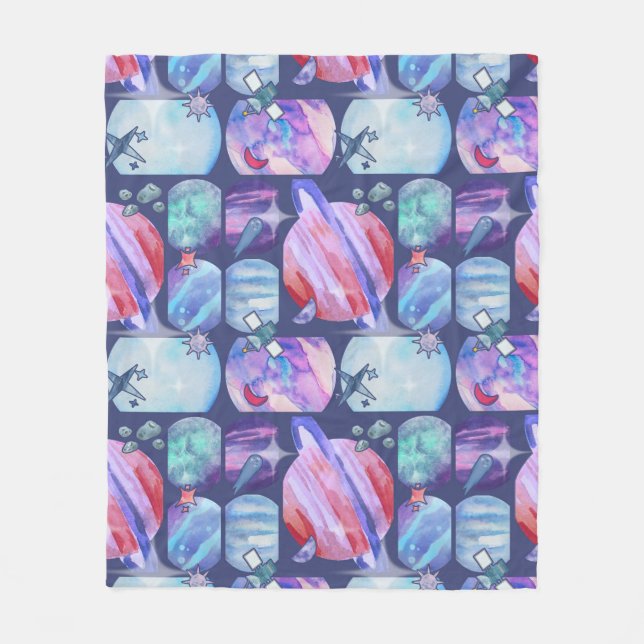 Watercolor Galaxy Patchwork Fleece Blanket (Front)