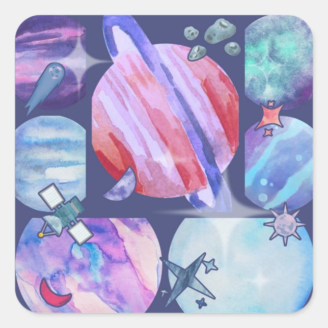 Watercolor Galaxy Patchwork Square Sticker (Front)