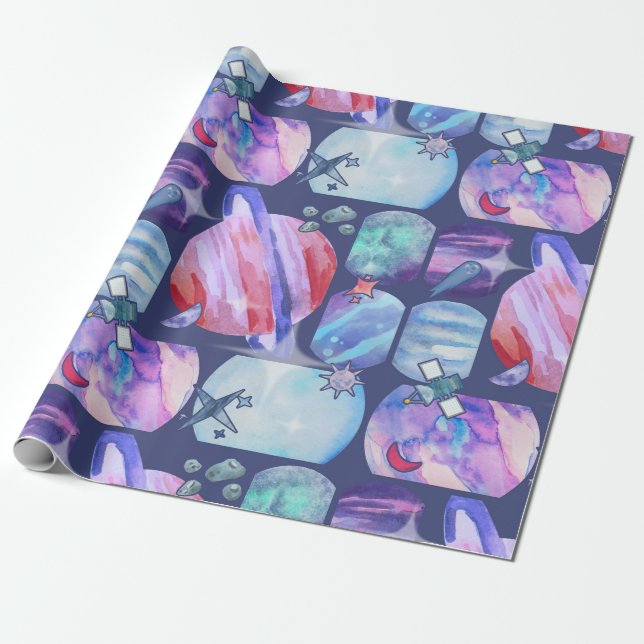 Watercolor Galaxy Patchwork Wrapping Paper (Unrolled)