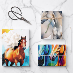 Watercolor Galloping Horses in Open Field Wrapping Paper Sheet