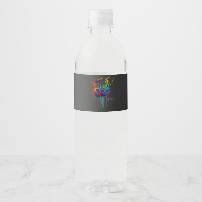 Watercolor Gaming Headset Graphic Personalised Water Bottle Label (Front)