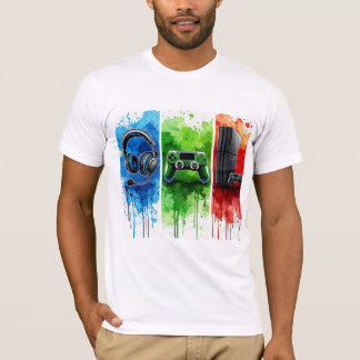 Watercolor Gaming Trio: Headset, Controller, and C T-Shirt