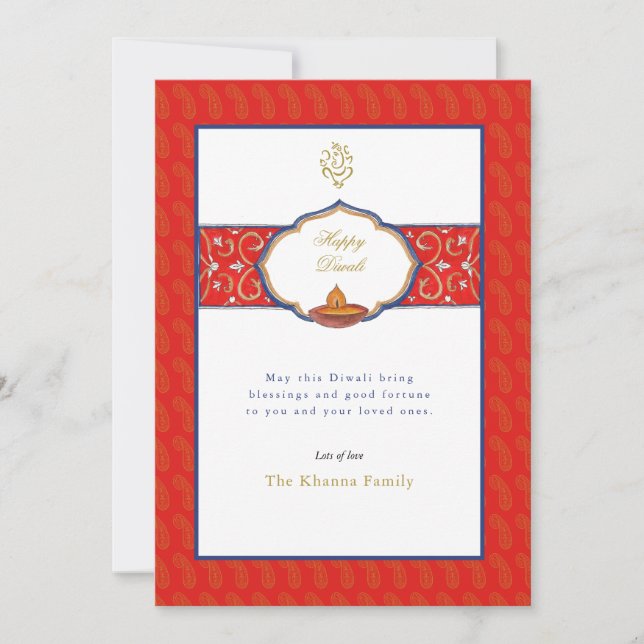 Watercolor Ganesh and Diya Diwali Greetings Holiday Card (Front)