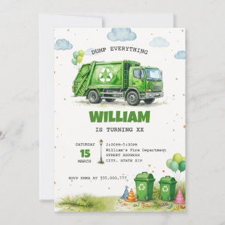 Watercolor Garbage Truck Recycling Birthday Invitation