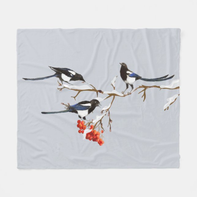 Watercolor Garden Bird Magpies Wildlife Nature Art Fleece Blanket (Front (Horizontal))