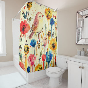 Watercolor Garden Bird Shower Curtain