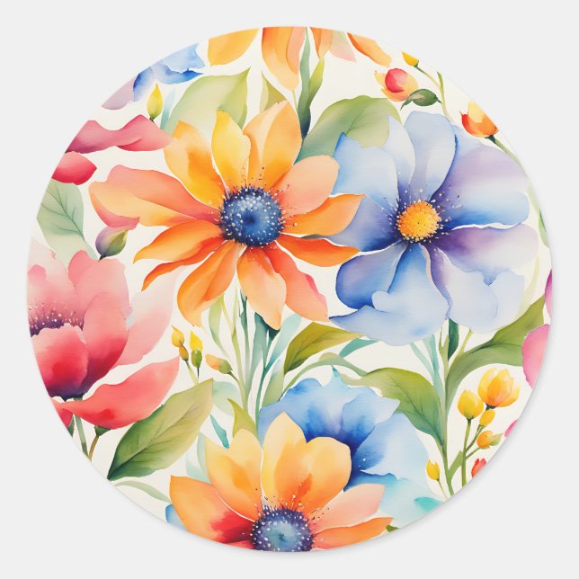 Watercolor Garden Colourful Flowers Classic Round Sticker (Front)