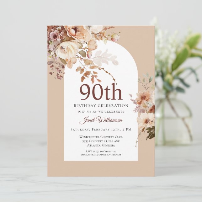 Watercolor Garden Floral Arch 90th Birthday Invitation (Standing Front)