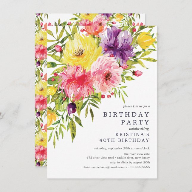 Watercolor Garden Floral Birthday Party Invitation (Front/Back)