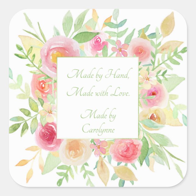 Watercolor Garden Floral Frame Square Sticker (Front)