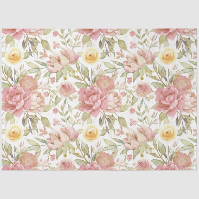 Watercolor Garden Floral Gold Glitter Decoupage Tissue Paper (Front)