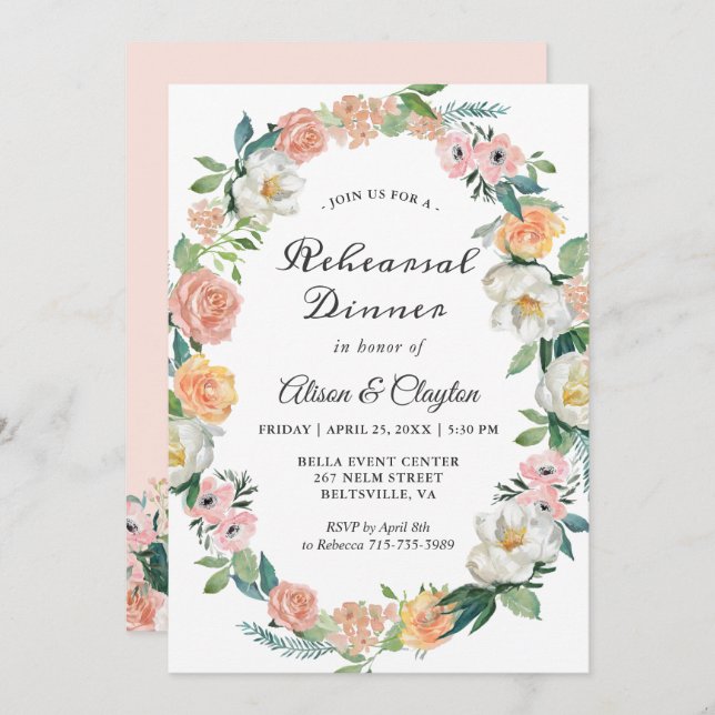 Watercolor Garden Floral Wreath Rehearsal Dinner Invitation (Front/Back)