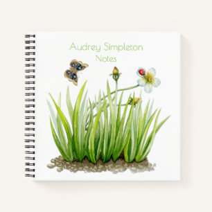 Watercolor Garden Flower Butterfly Grass Square Notebook