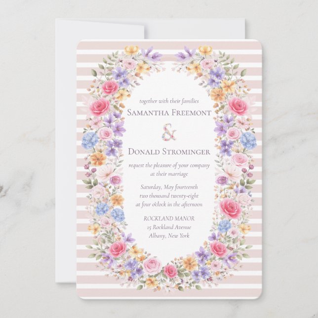 Watercolor Garden Flower Frame Striped Invitation (Front)