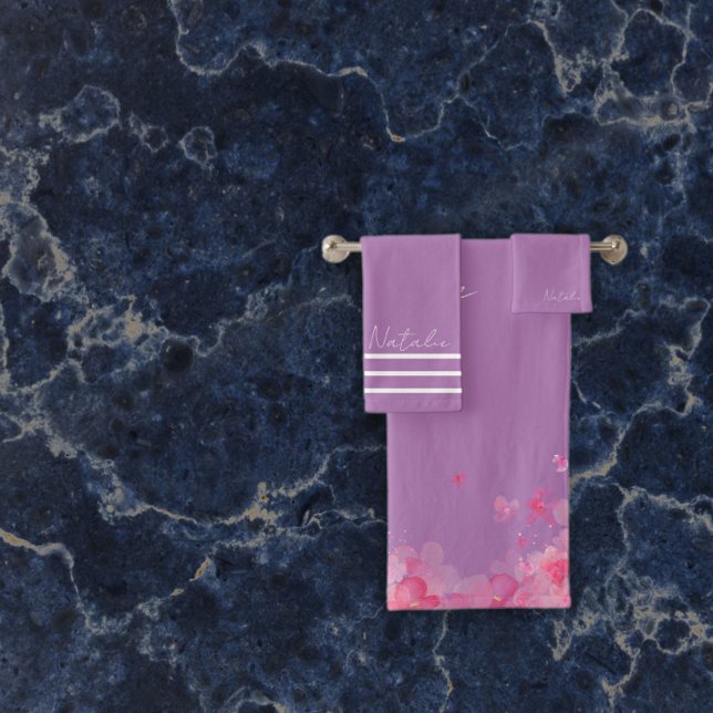 Watercolor garden flower lavender name  bath towel set (Creator Uploaded)