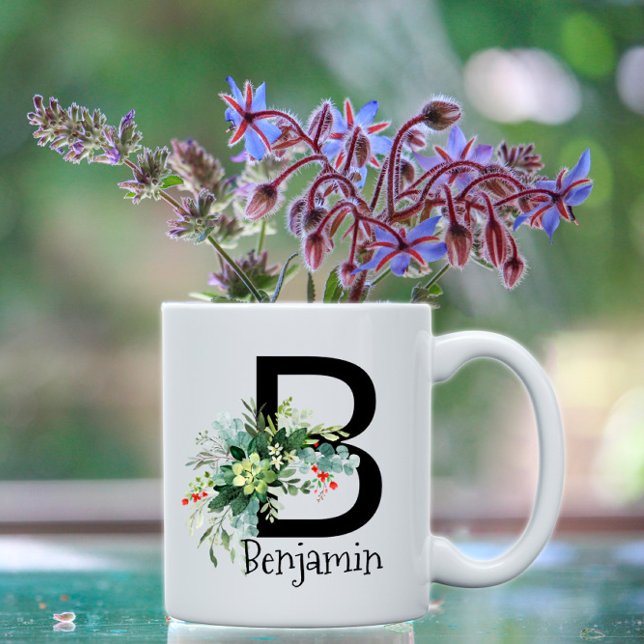 Watercolor garden flower monogram black coffee mug (Creator Uploaded)