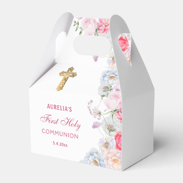 Watercolor Garden Flowers First Communion Gable Favour Box (Front Side)
