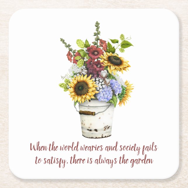 Watercolor Garden Flowers Quote Rustic Farmhouse Square Paper Coaster (Front)
