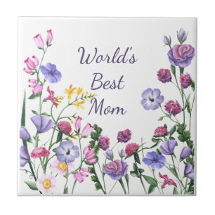 Watercolor Garden Flowers World's Best Mum  Tile