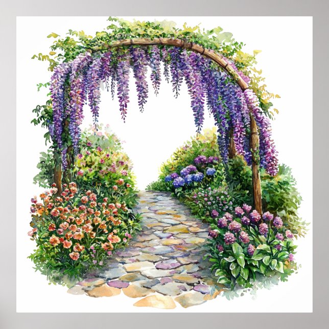 Watercolor Garden Gate Flowery Painting Poster (Front)
