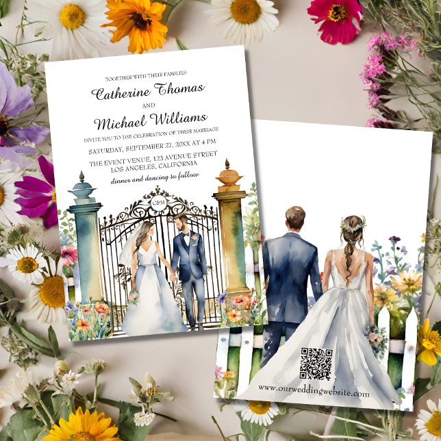 Watercolor Garden Gate Wildflowers Wedding QR Code Invitation (Creator Uploaded)
