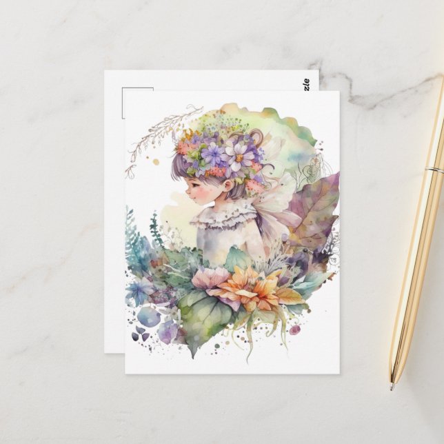 Watercolor Garden Girl - Little Fairy Postcard (Front/Back In Situ)