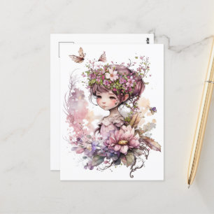 Watercolor Garden Girl - Pink Flowers Postcard