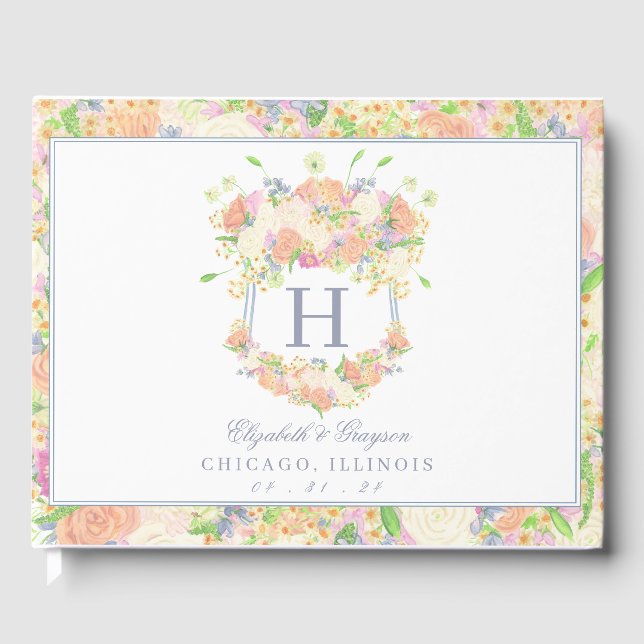 Watercolor Garden Party Floral Wedding Crest Guest Book (Front)