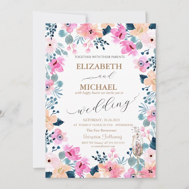 Watercolor Garden Pink Flowers Invitation (Front)