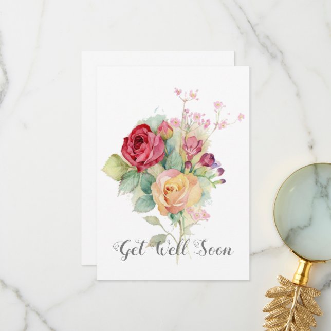Watercolor Garden Roses Get Well Card (Front/Back In Situ)