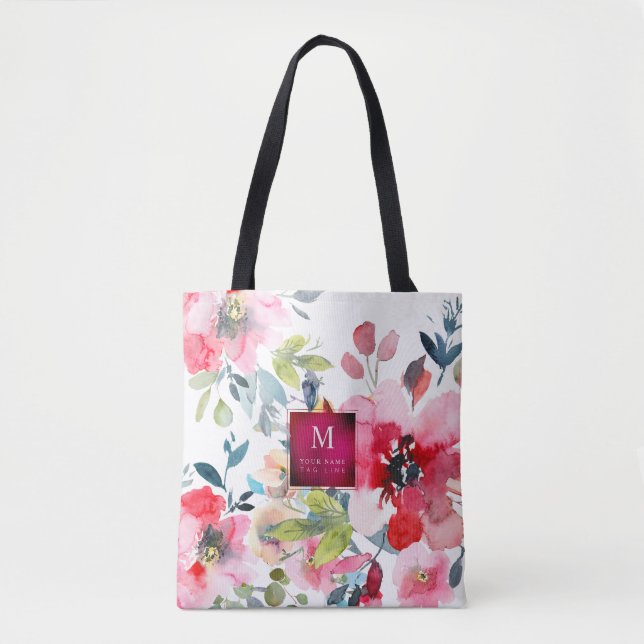 Watercolor Garden Roses, Ombre Red+Monogram Tote Bag (Front)