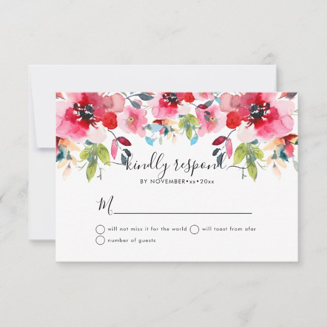 Watercolor Garden Roses, Red Ombre RSVP Invitation (Front)
