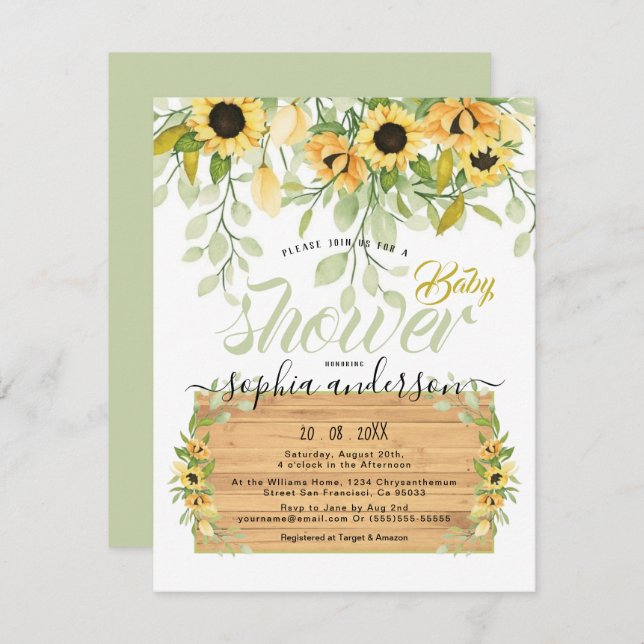 Watercolor Garden Sunflowers & Wood Baby shower Invitation (Front/Back)