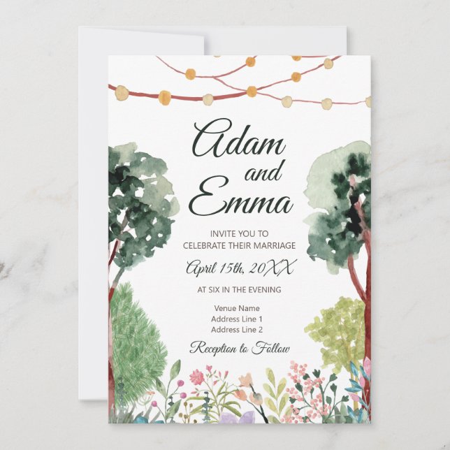 Watercolor Garden w/ Stringed Lights Wedding Invitation (Front)