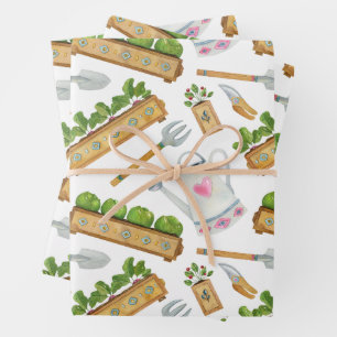 Watercolor Gardening Tools, Plants, Watering Can  Wrapping Paper Sheet