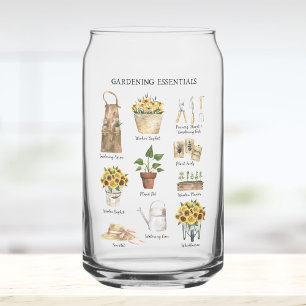 Watercolor Gardening Tools Sunflower Garden Can Glass