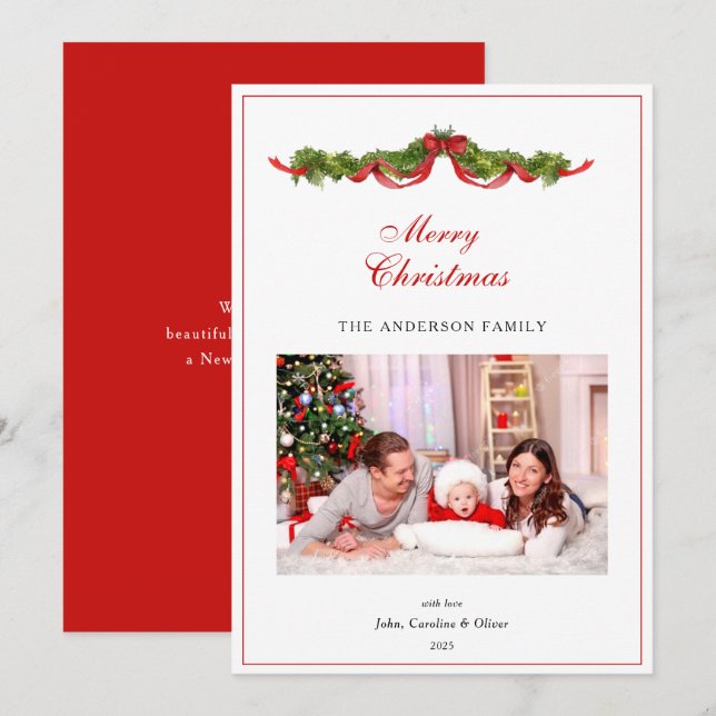 Watercolor Garland and bow Photo Christmas  Holiday Card (Front/Back)