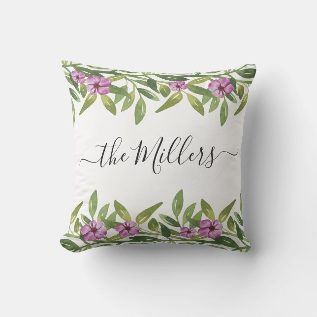 Watercolor garland handwritten calligraphy floral cushion (Front)