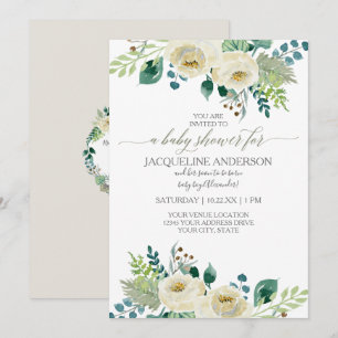 Watercolor Gender Neutral Baby Shower White Floral Invitation