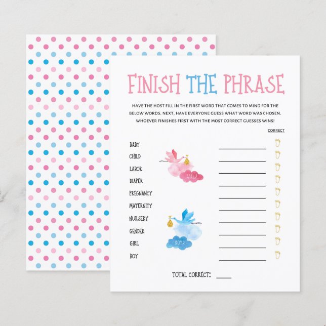 Watercolor Gender Reveal Finish The Phrase Game (Front/Back)