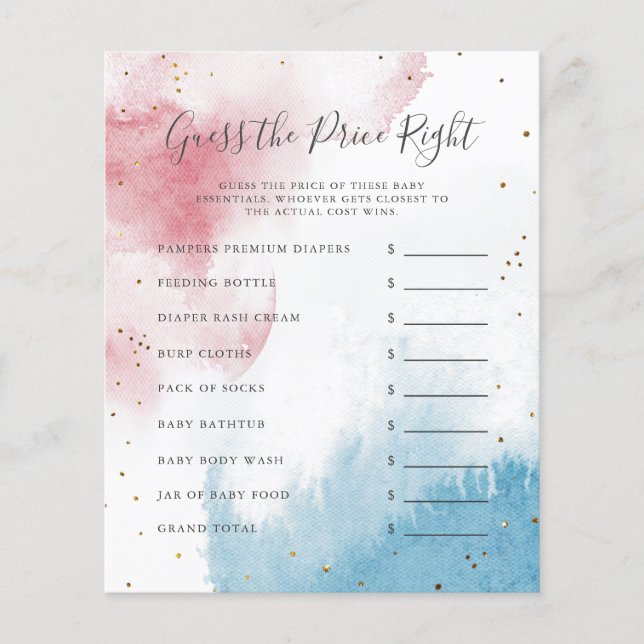 Watercolor Gender Reveal Party Guess The Price (Front)
