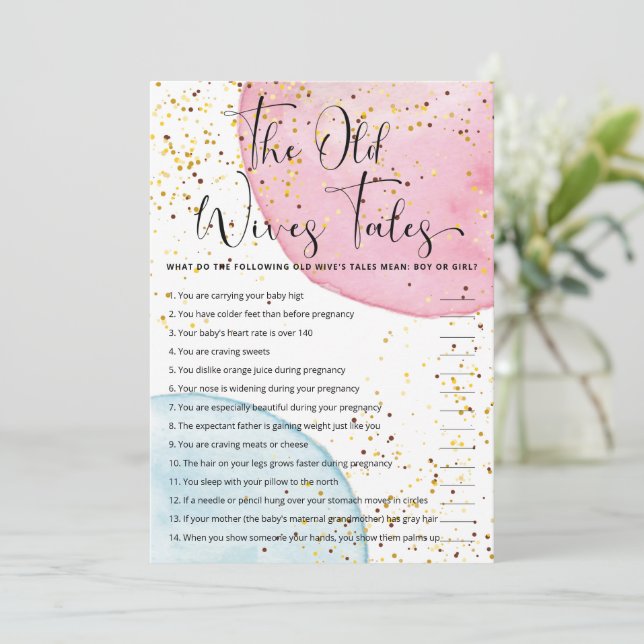 Watercolor Gender Reveal The Old Wives Tales Game Invitation (Standing Front)