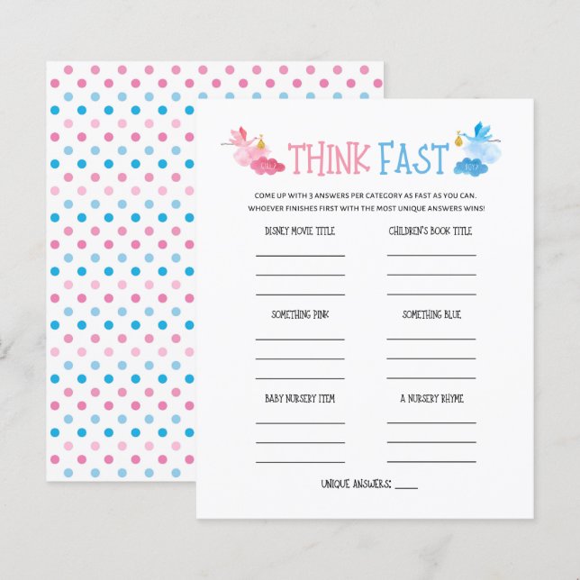 Watercolor Gender Reveal Think Fast Game (Front/Back)