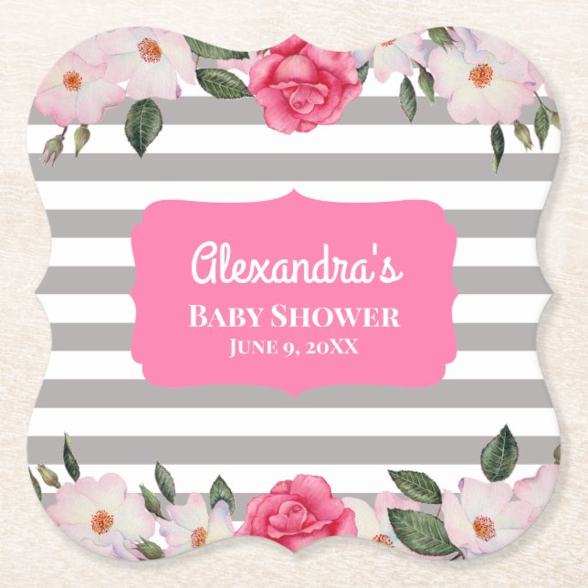 Watercolor Gentle Pink White Roses Baby Shower Paper Coaster (Front)