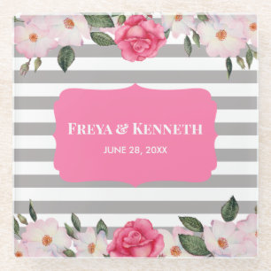 Watercolor Gentle Pink White Roses Floral Wedding Glass Coaster