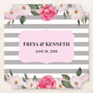 Watercolor Gentle Pink White Roses Floral Wedding Paper Coaster