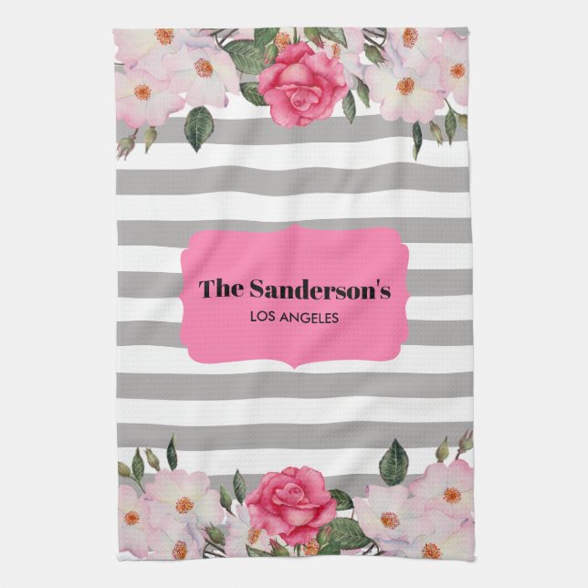 Watercolor Gentle Pink White Roses Grey Stripes Tea Towel (Vertical)