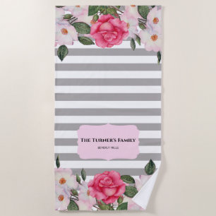 Watercolor Gentle Pink White Roses Illustration Beach Towel