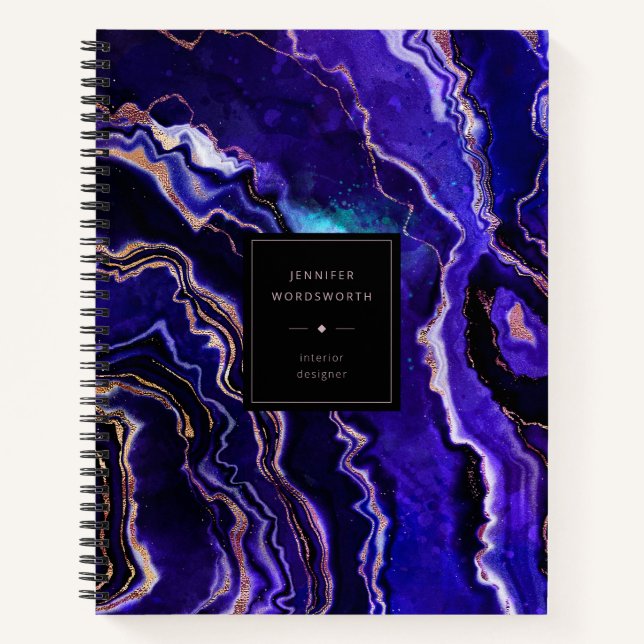 Watercolor Geode Deep Blue Purple Rose Gold Agate Notebook (Front)