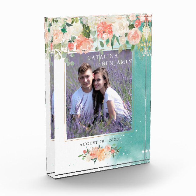 Watercolor Geometric Blush Pink Floral Wedding Photo Block (Left)
